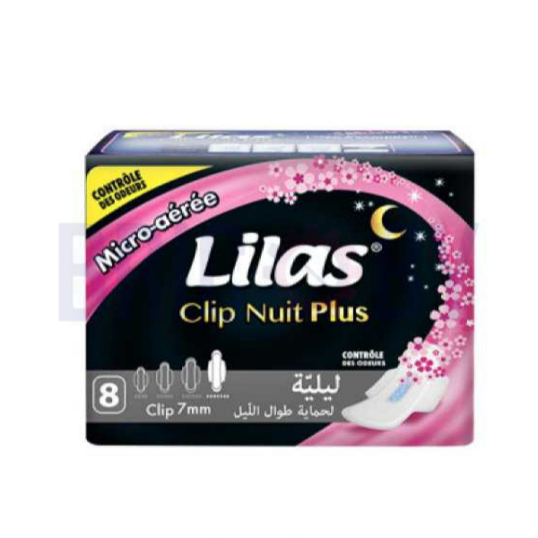 Serviette hygiénique nuit Clip Nuit Plus Lilas avec ailes, haute absorption et parfum frais.