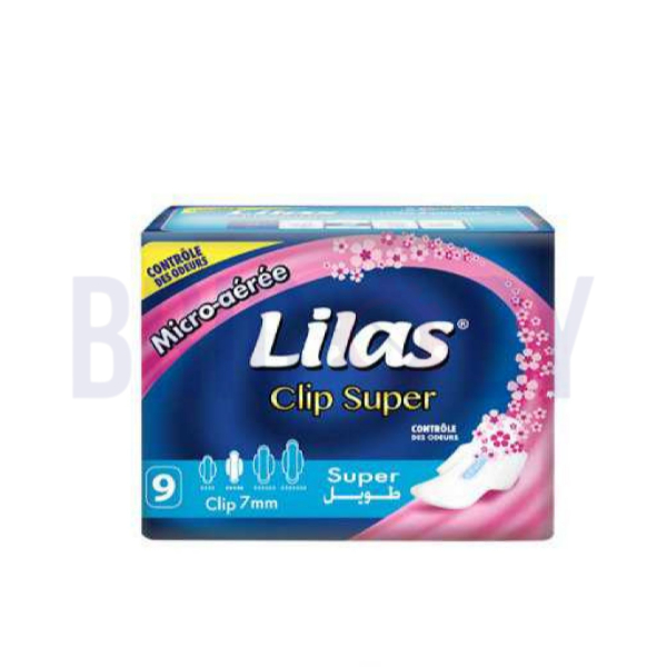 Paquet de serviettes hygiéniques Clip Nuit Super 9 parfumé lilas, protection nuit longue et ultra absorbante.